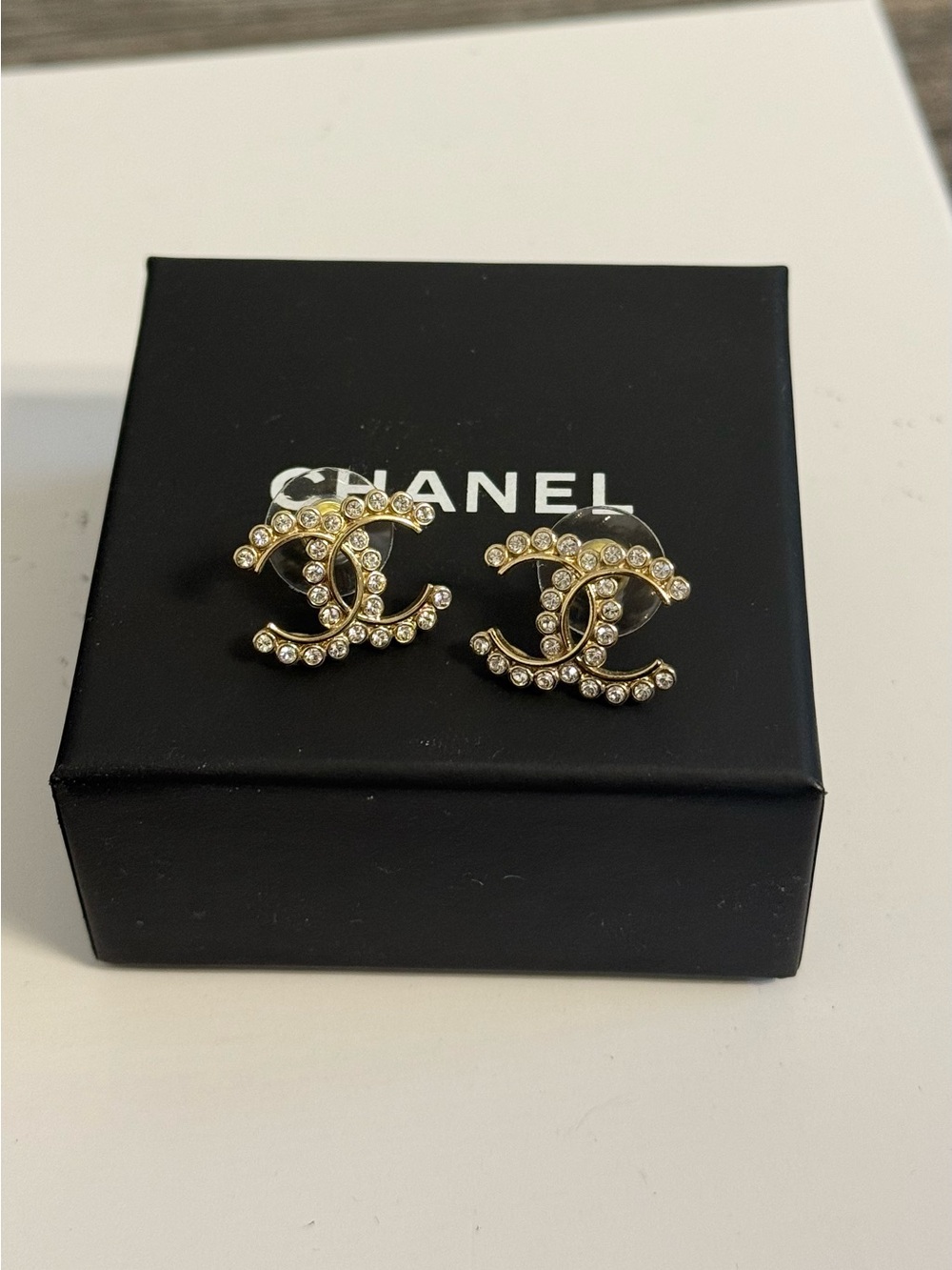Chanel Gold Crystal CC Logo Stud Earrings